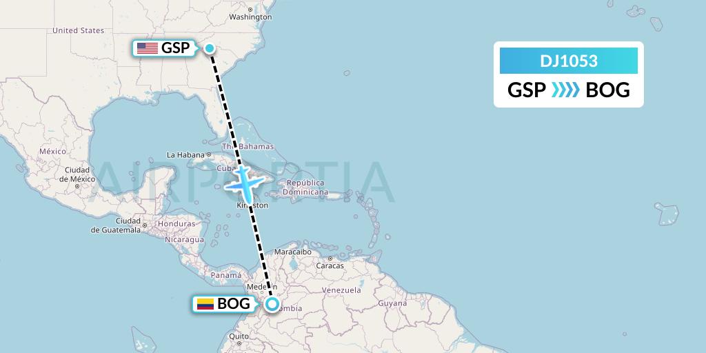 DJ1053 Air Djibouti Flight Map: Greenville-Spartanburg to Bogota