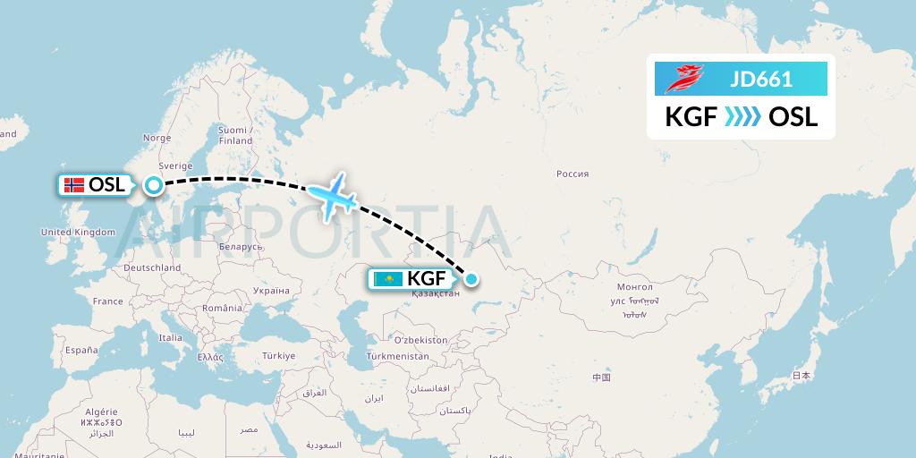 JD661 Capital Airlines Flight Map: Karaganda to Oslo