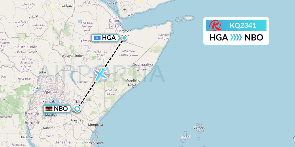 KQ2341 Kenya Airways Flight Map: Hargeisa to Nairobi