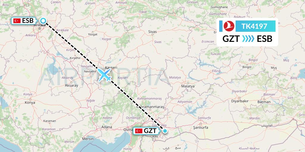 TK4197 Turkish Airlines Flight Map: Gaziantep to Ankara