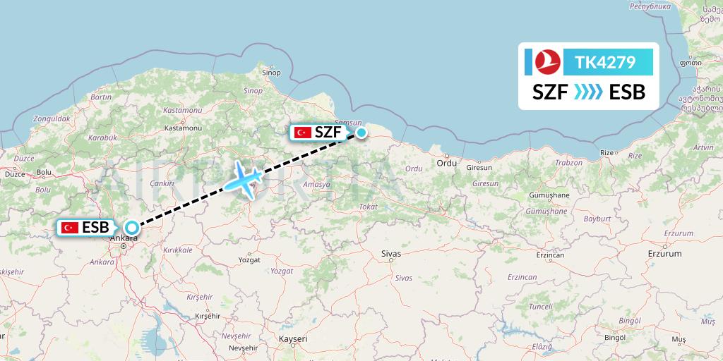 TK4279 Turkish Airlines Flight Map: Samsun to Ankara