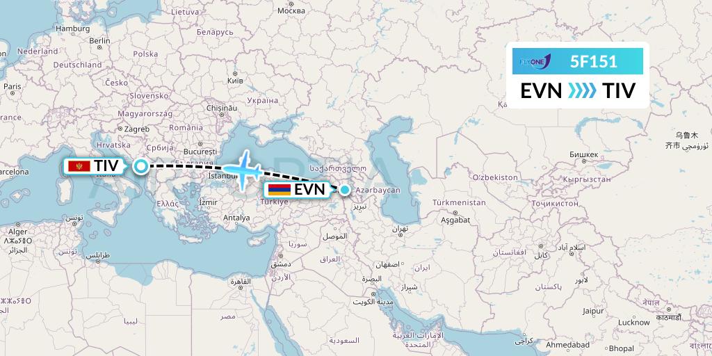 5F151 Fly One Flight Map: Yerevan to Tivat