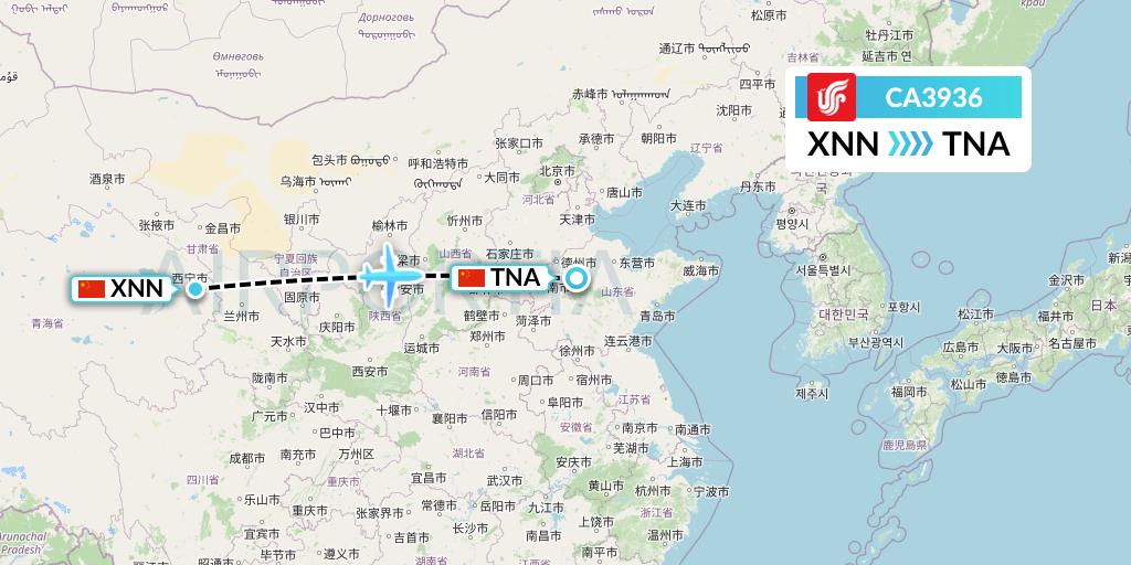 CA3936 Air China Flight Map: Xining to Jinan
