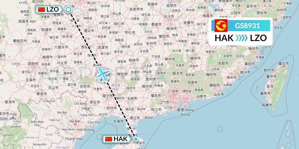 GS8931 Tianjin Airlines Flight Map: Haikou to Luzhou