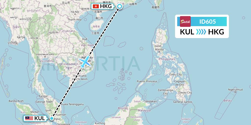 ID605 Batik Air Flight Map: Kuala Lumpur to Hong Kong