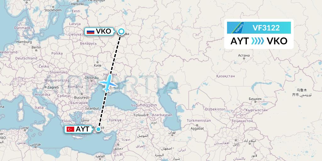 VF3122 ValuAir Flight Map: Antalya to Moscow