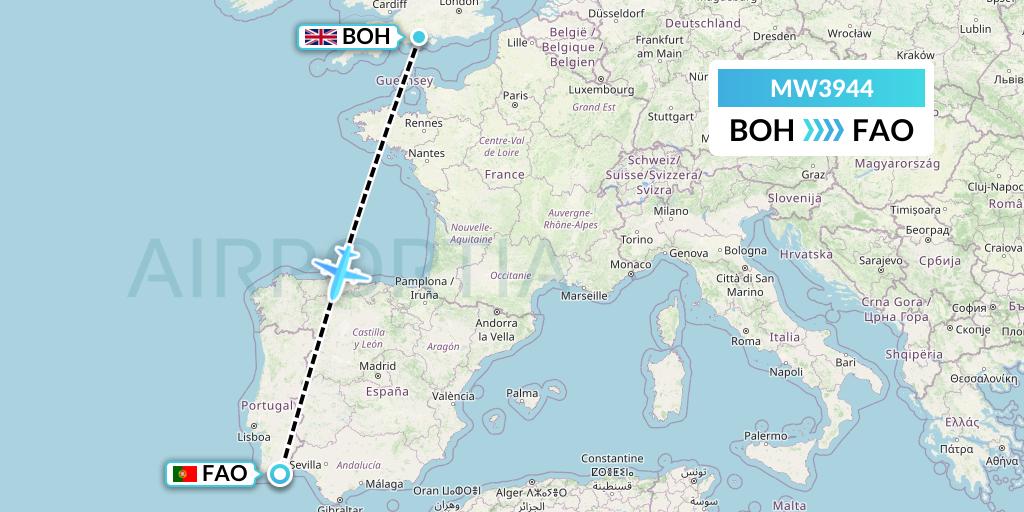 MW3944 Mokulele Flight Service Flight Map: Bournemouth to Faro