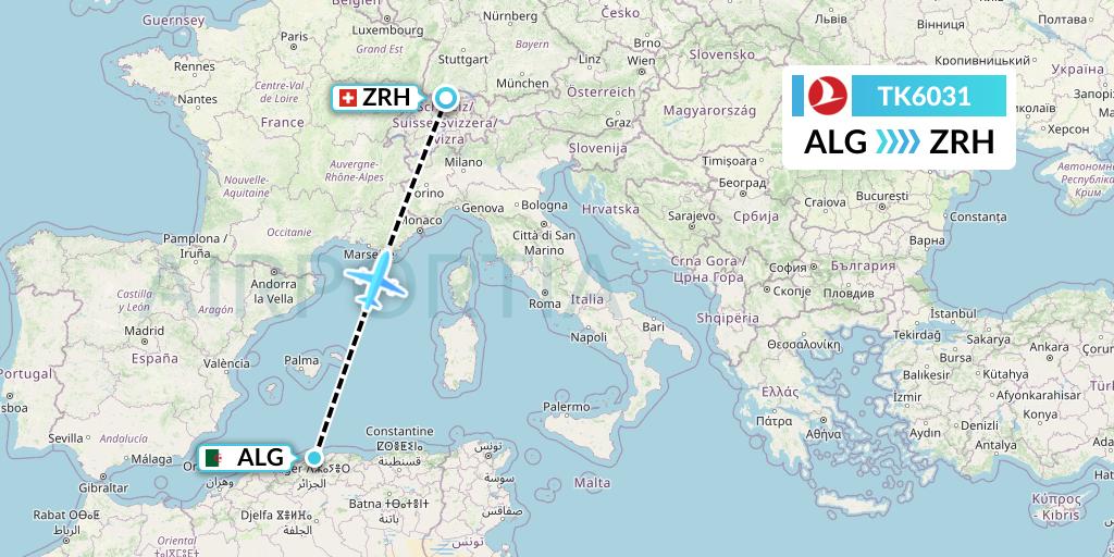 TK6031 Turkish Airlines Flight Map: Algiers to Zurich