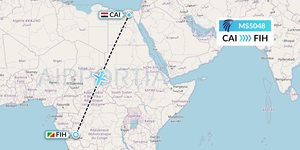 MS5048 EgyptAir Flight Map: Cairo to Kinshasa