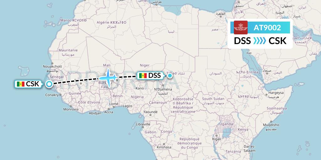 AT9002 Royal Air Maroc Flight Map: Dakar to Cap Skirring