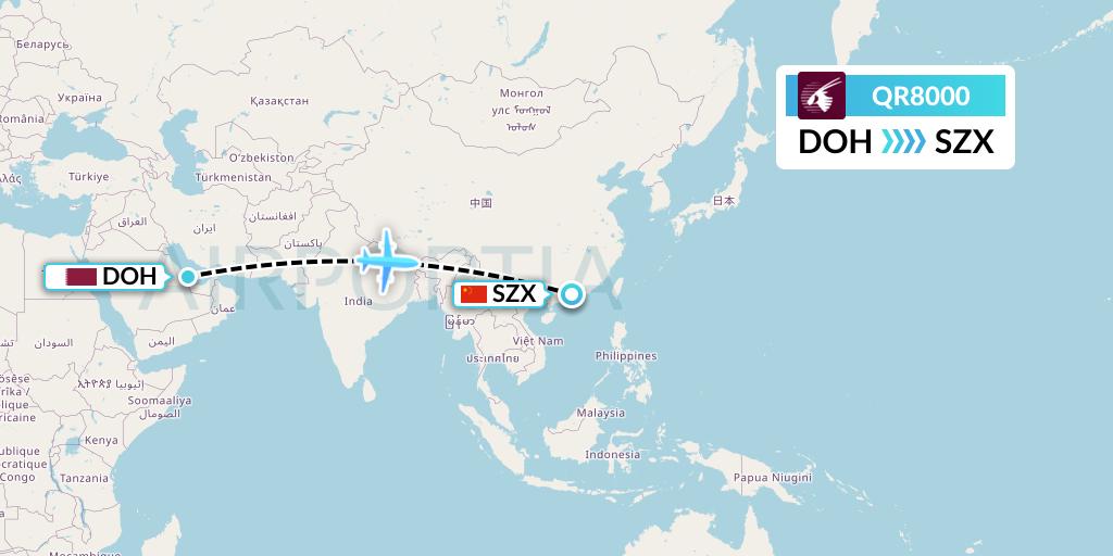 QR8000 Qatar Airways Flight Map: Doha to Shenzhen