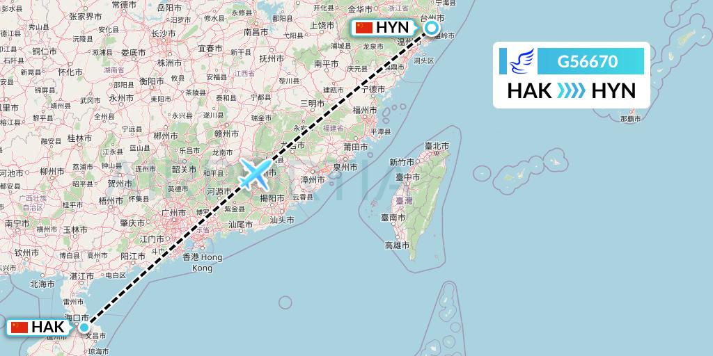 G56670 China Express Airlines Flight Map: Haikou to Huangyan