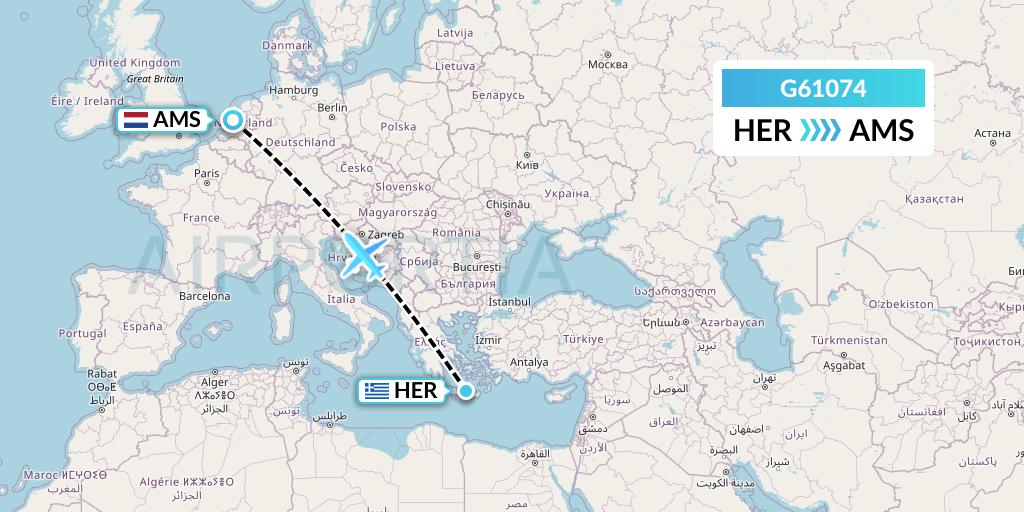G61074 Fly Arna Flight Map: Heraklion to Amsterdam