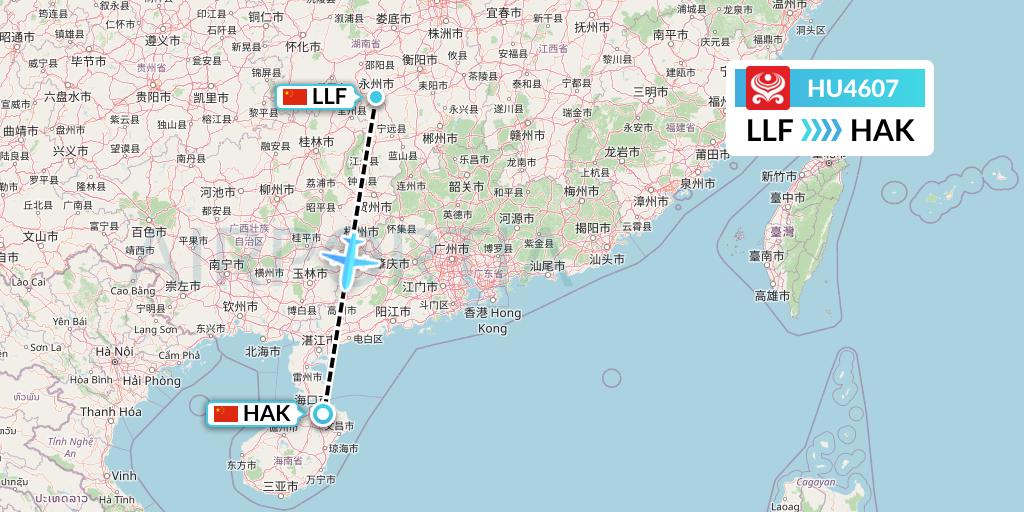 HU4607 Hainan Airlines Flight Map: Yongzhou to Haikou