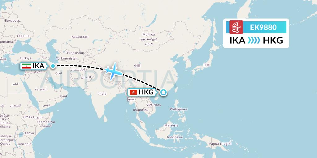 EK9880 Emirates Flight Map: Tehran to Hong Kong