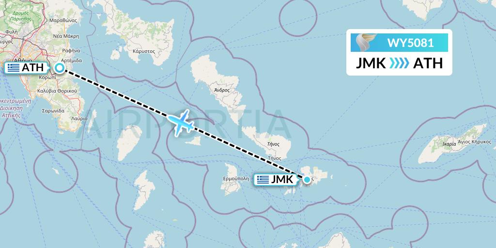 WY5081 Oman Air Flight Map: Mykonos to Athens