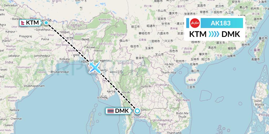AK183 AirAsia Flight Map: Kathmandu to Bangkok