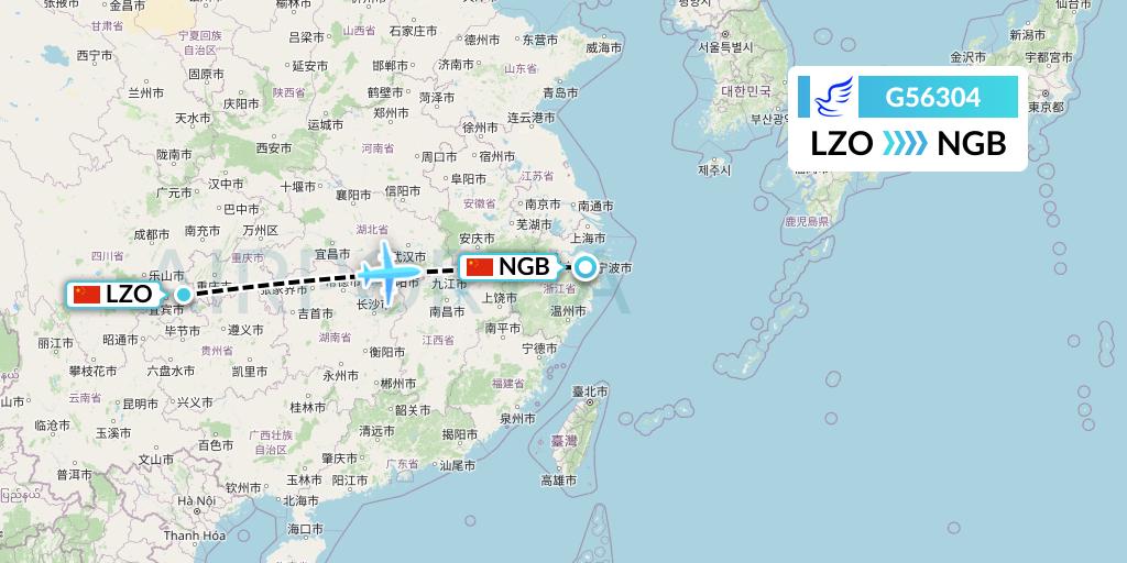 G56304 China Express Airlines Flight Map: Luzhou to Ningbo