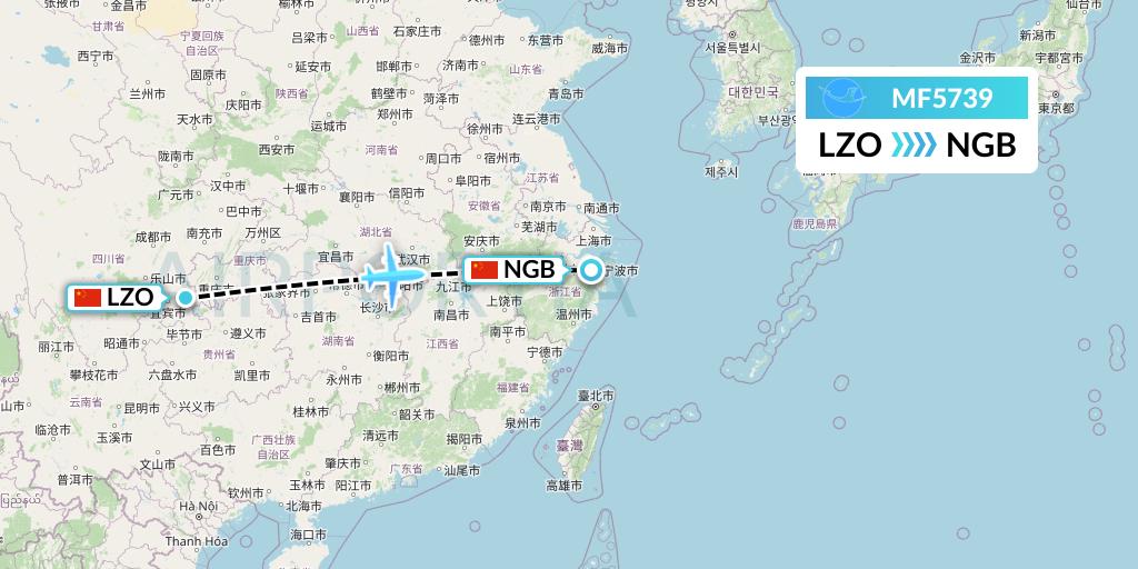 MF5739 Xiamen Airlines Flight Map: Luzhou to Ningbo