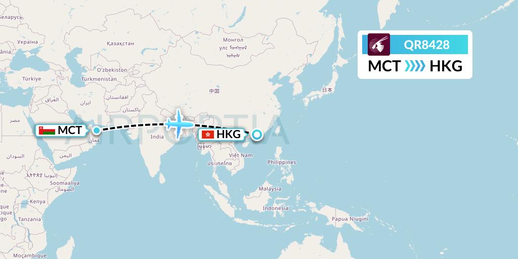 QR8428 Qatar Airways Flight Map: Muscat to Hong Kong