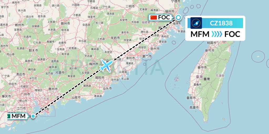 CZ1838 China Southern Airlines Flight Map: Macau to Fuzhou