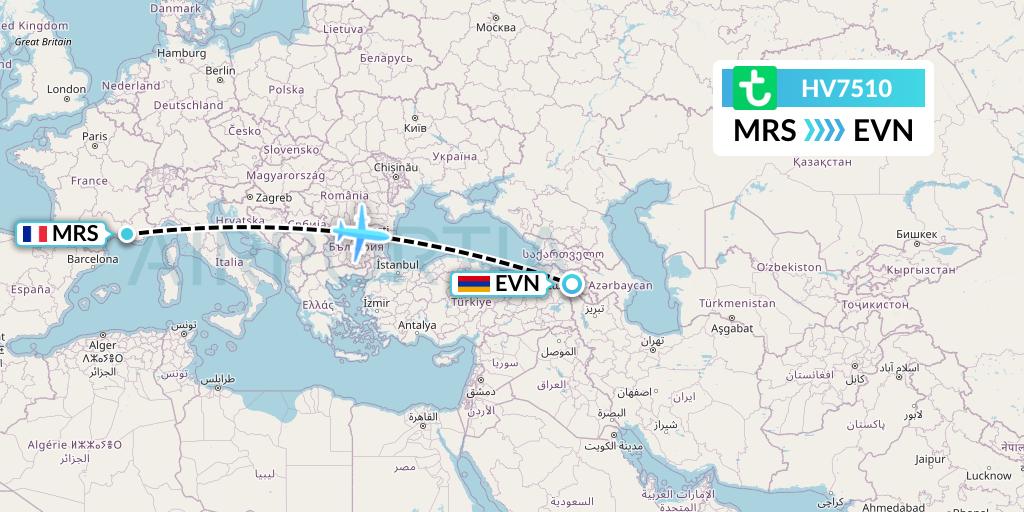 HV7510 Transavia Flight Map: Marseille to Yerevan