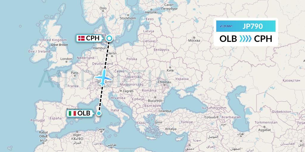 JP790 Adria Airways Flight Map: Olbia to Copenhagen