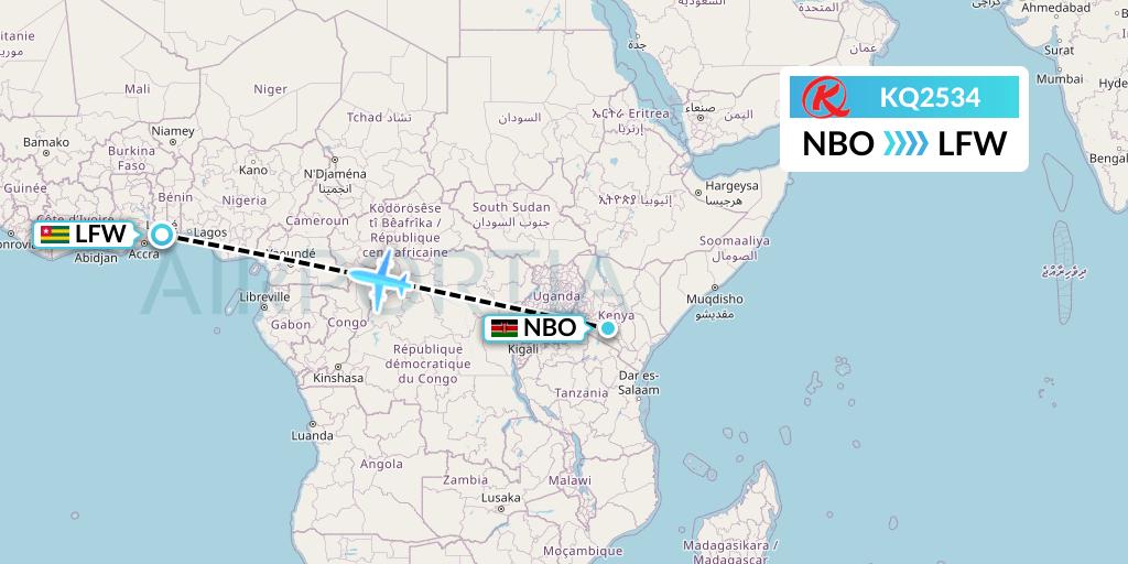 KQ2534 Kenya Airways Flight Map: Nairobi to Lome