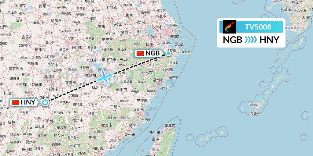 TV5008 Tibet Airlines Flight Map: Ningbo to Hengyang
