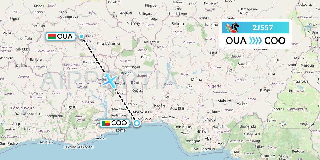 2J557 Air Burkina Flight Map: Ouagadougou to Cotonou