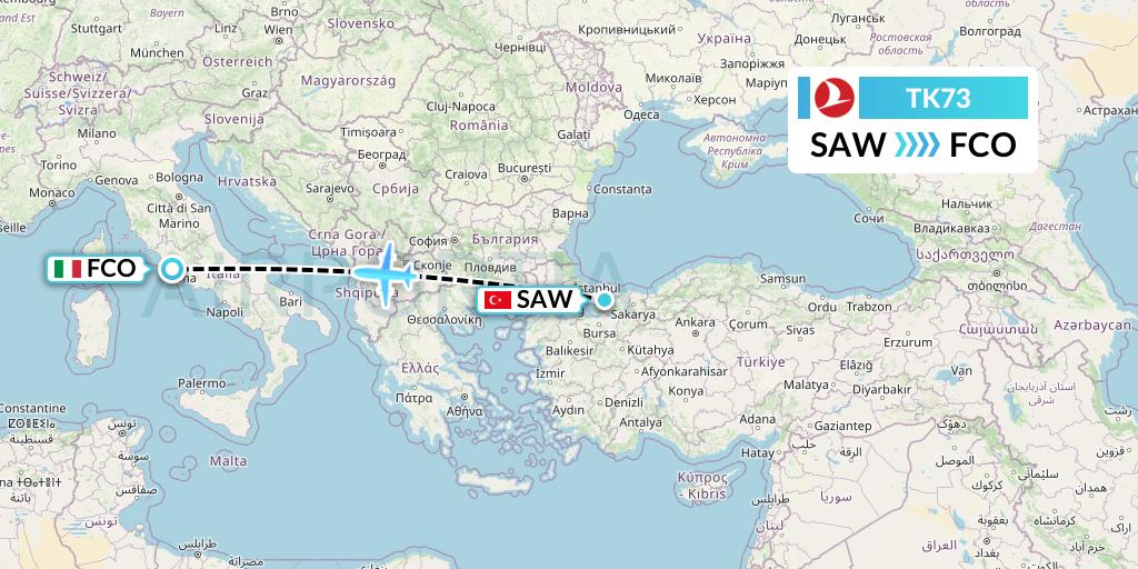 TK73 Turkish Airlines Flight Map: Istanbul to Rome