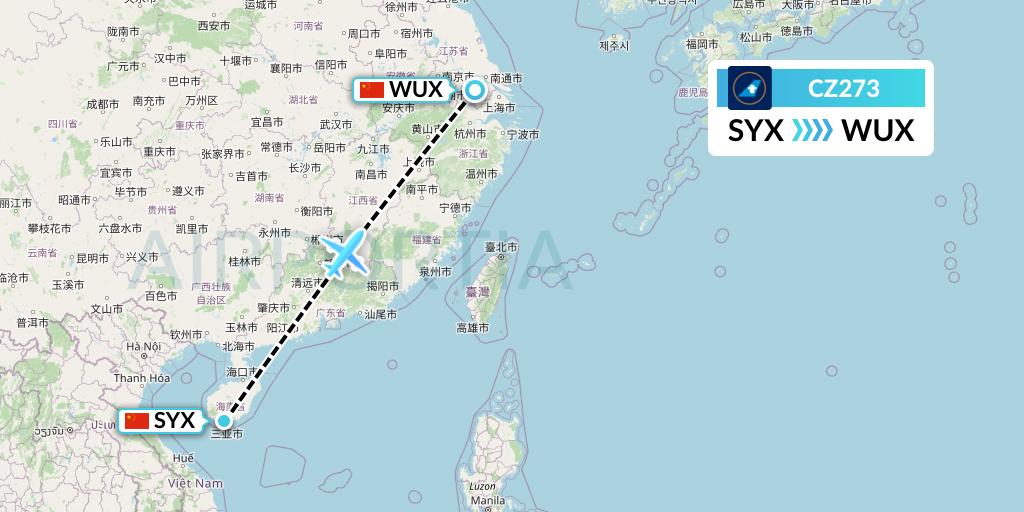 CZ273 China Southern Airlines Flight Map: Sanya to Wuxi