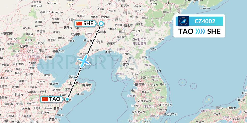 CZ4002 China Southern Airlines Flight Map: Qingdao to Shenyang