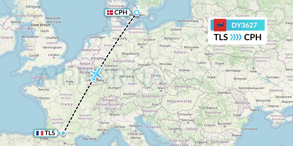 DY3627 Norwegian Flight Map: Toulouse to Copenhagen