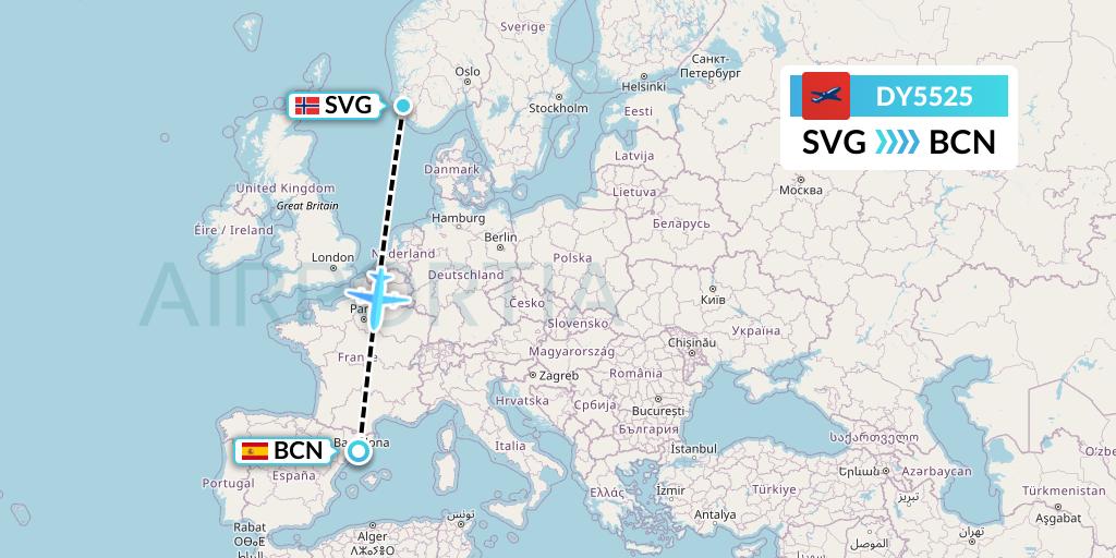 DY5525 Norwegian Flight Map: Stavanger to Barcelona