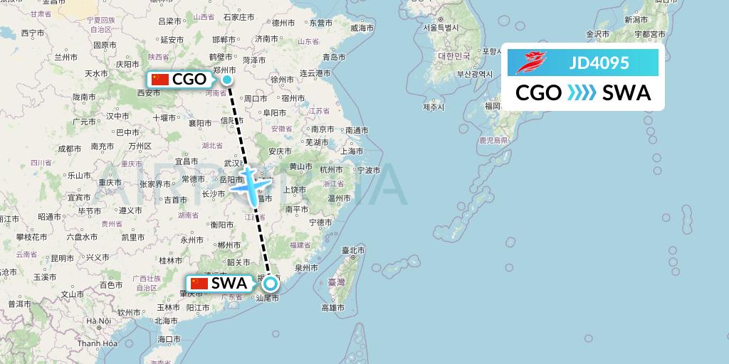 JD4095 Capital Airlines Flight Map: Zhengzhou to Jieyang