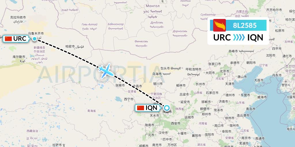 8L2585 Lucky Air Flight Map: Urumqi to Qingyang