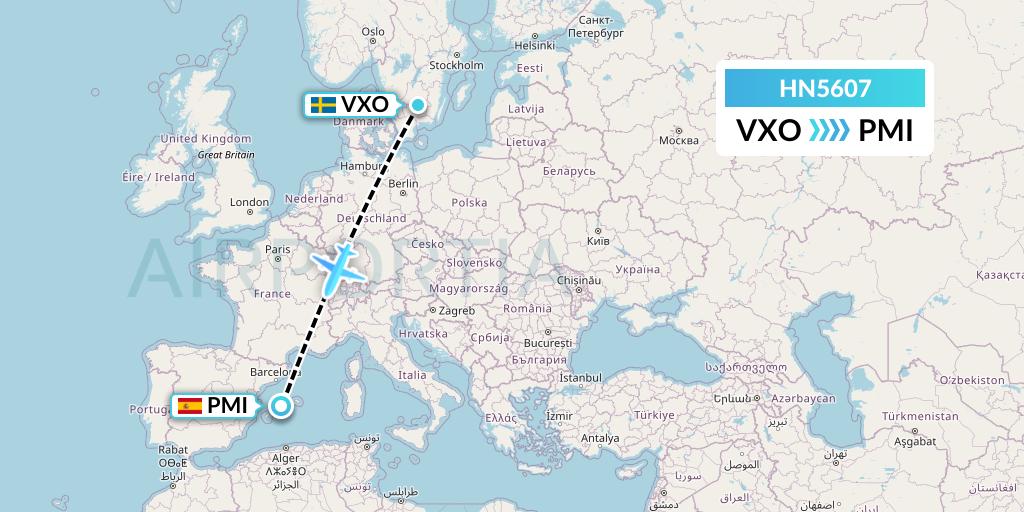 HN5607 Uab Heston Airlines Jsc Heston Airl Flight Map: Vaxjo to Palma de Mallorca
