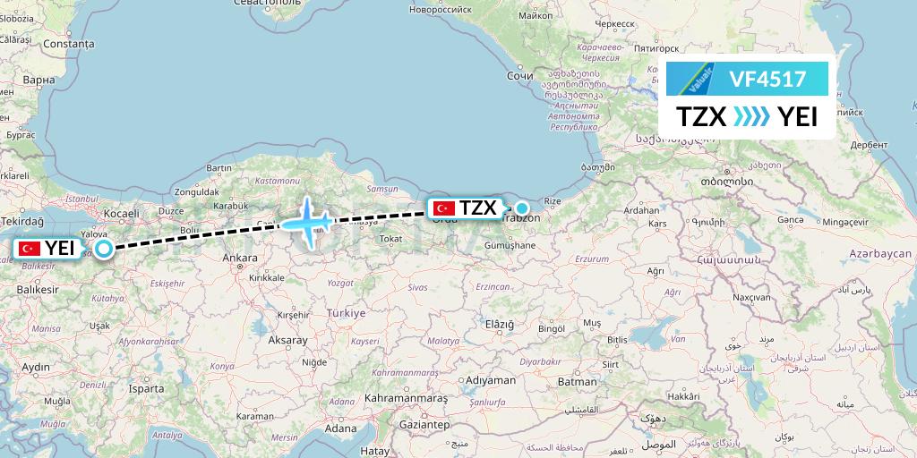 VF4517 ValuAir Flight Map: Trabzon to Bursa