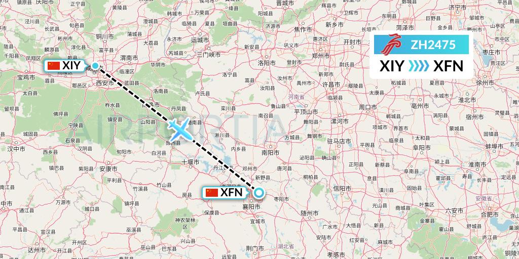 ZH2475 Shenzhen Airlines Flight Map: Xi'an to Xiangyang