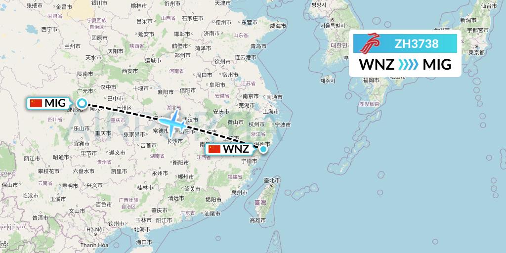 ZH3738 Shenzhen Airlines Flight Map: Wenzhou to Mianyang