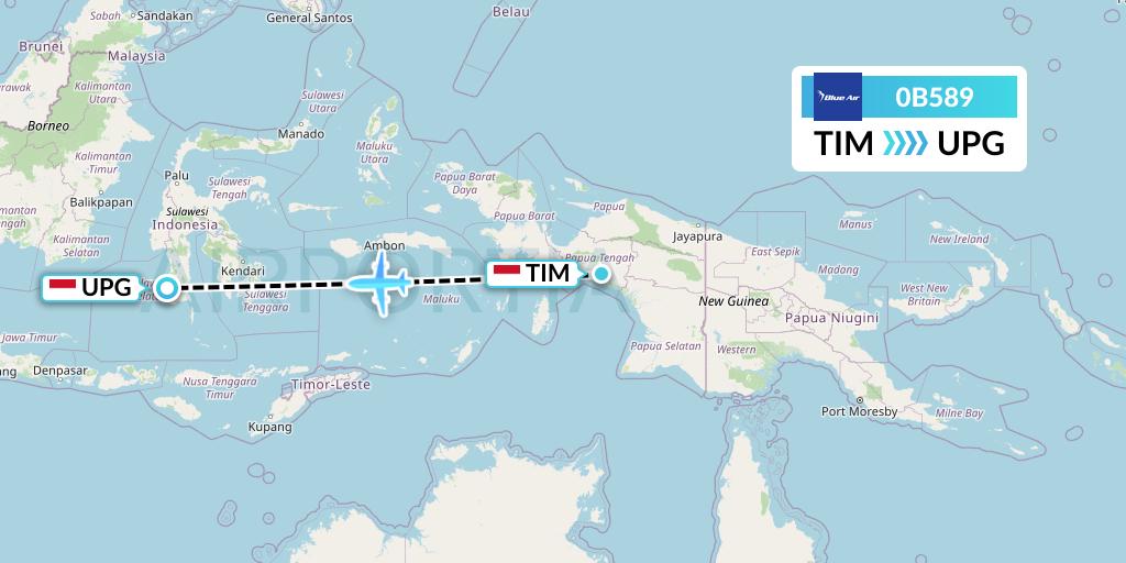 0B589 Blue Air Flight Map: Timika to Makassar