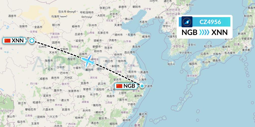 CZ4956 China Southern Airlines Flight Map: Ningbo to Xining