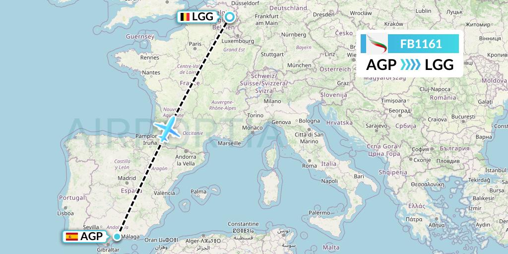 FB1161 Bulgaria Air Flight Map: Malaga to Liege