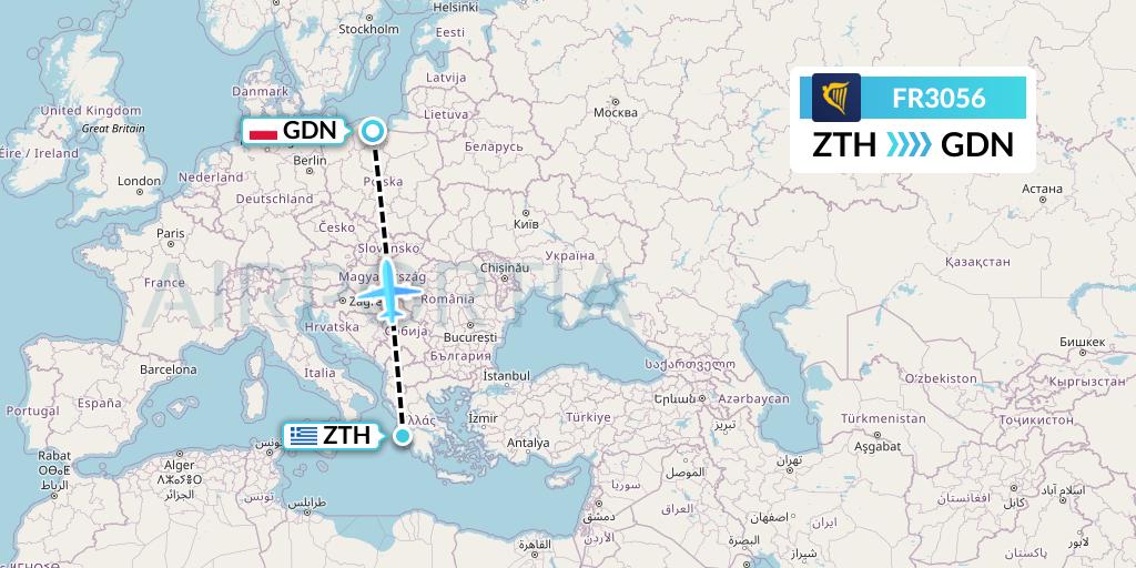 FR3056 Ryanair Flight Map: Zakynthos to Gdansk