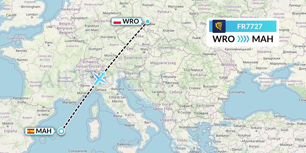 FR7727 Ryanair Flight Map: Wroclaw to Mahon