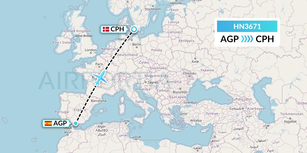 HN3671 Uab Heston Airlines Jsc Heston Airl Flight Map: Malaga to Copenhagen