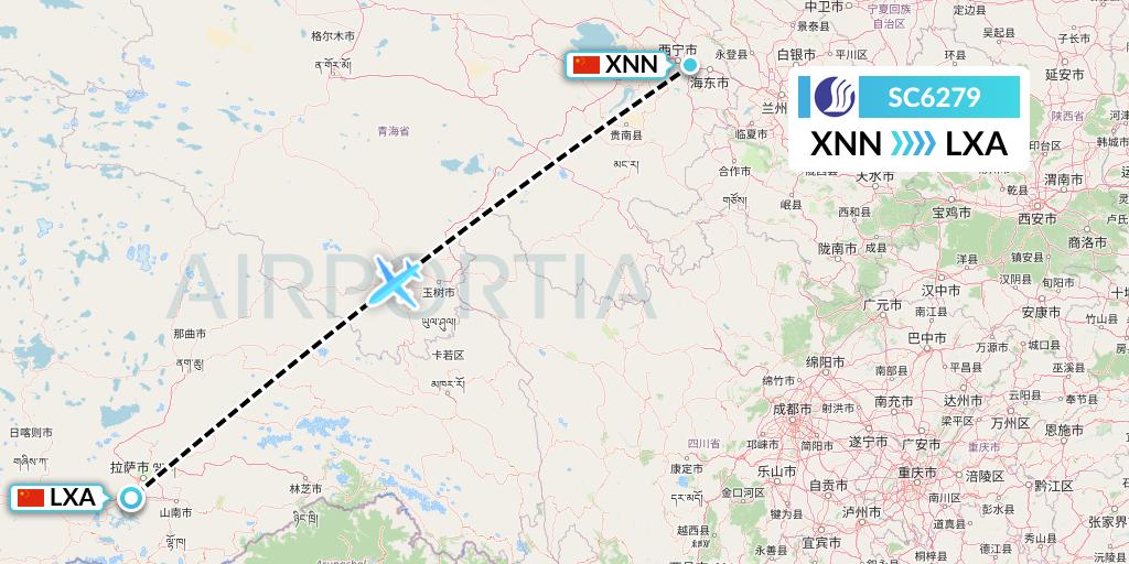 SC6279 Shandong Airlines Flight Map: Xining to Lhasa