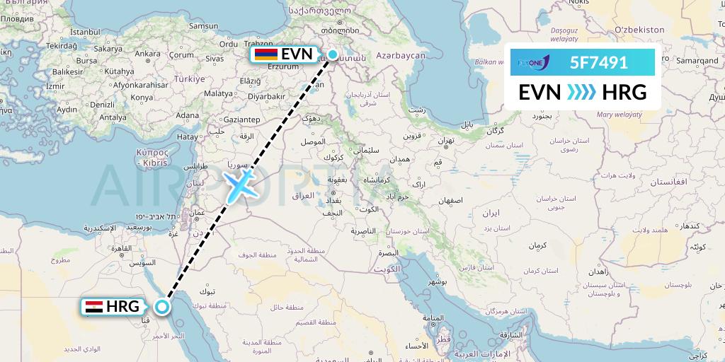 5F7491 Fly One Flight Map: Yerevan to Hurghada