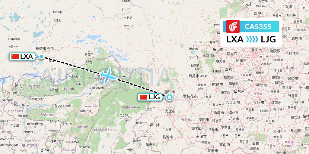 CA5355 Air China Flight Map: Lhasa to Lijiang